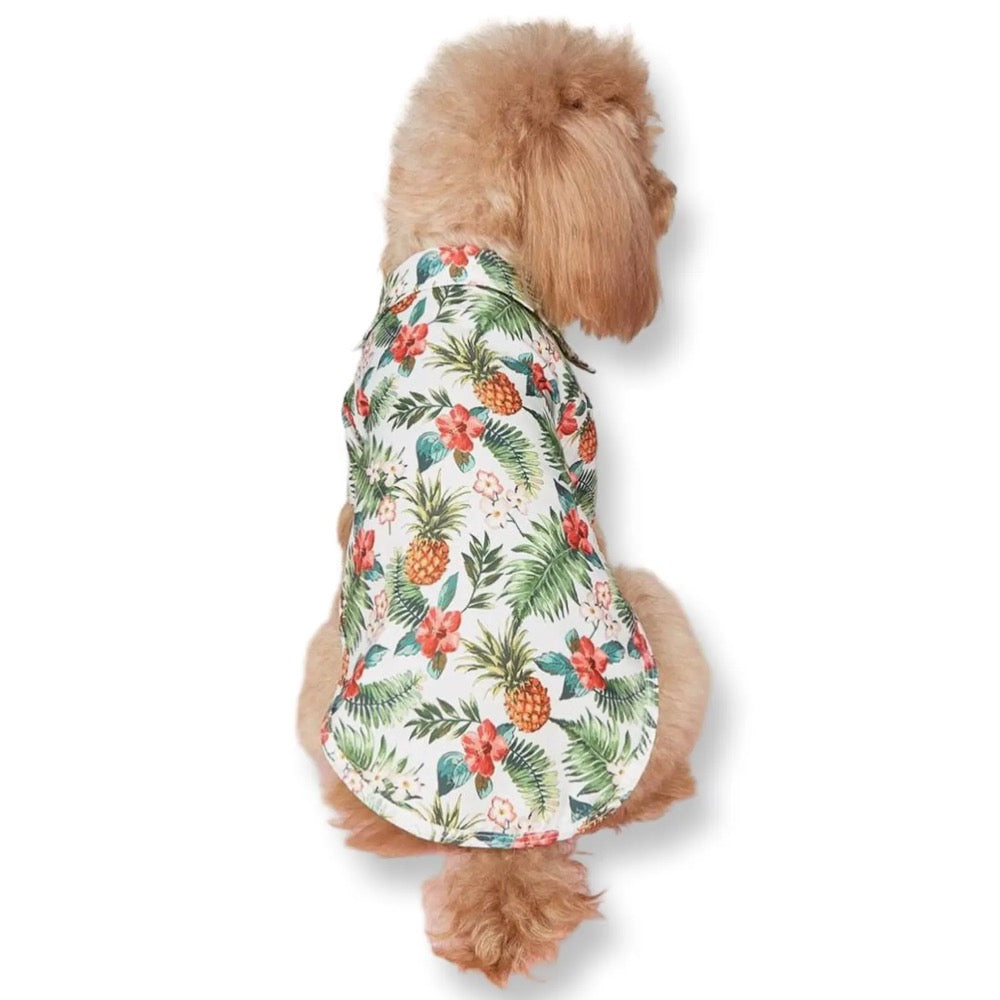 Pineapple Hawaiian Dog Shirt – Tropical Floral Pet Outfit, Silky Polyester Button-Up