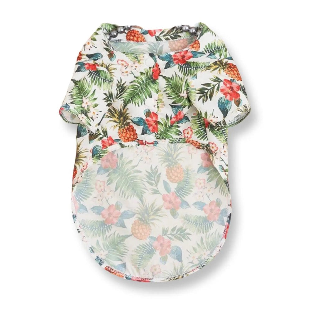 Pineapple Hawaiian Dog Shirt – Tropical Floral Pet Outfit, Silky Polyester Button-Up