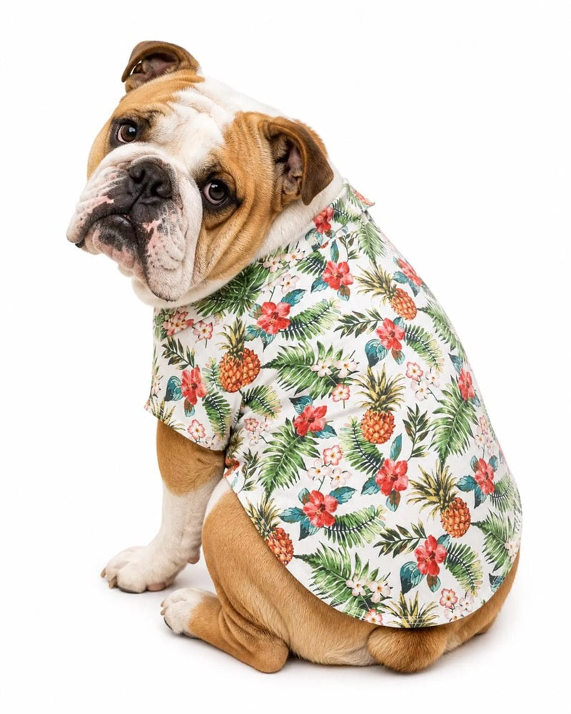 Pineapple Hawaiian Dog Shirt – Tropical Floral Pet Outfit, Silky Polyester Button-Up
