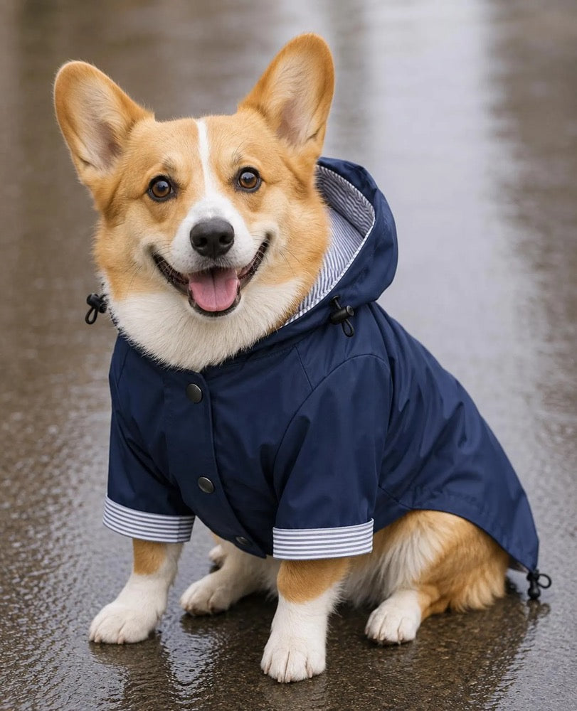 Navy Stripe Dog Raincoat – Waterproof Pet Rain Jacket